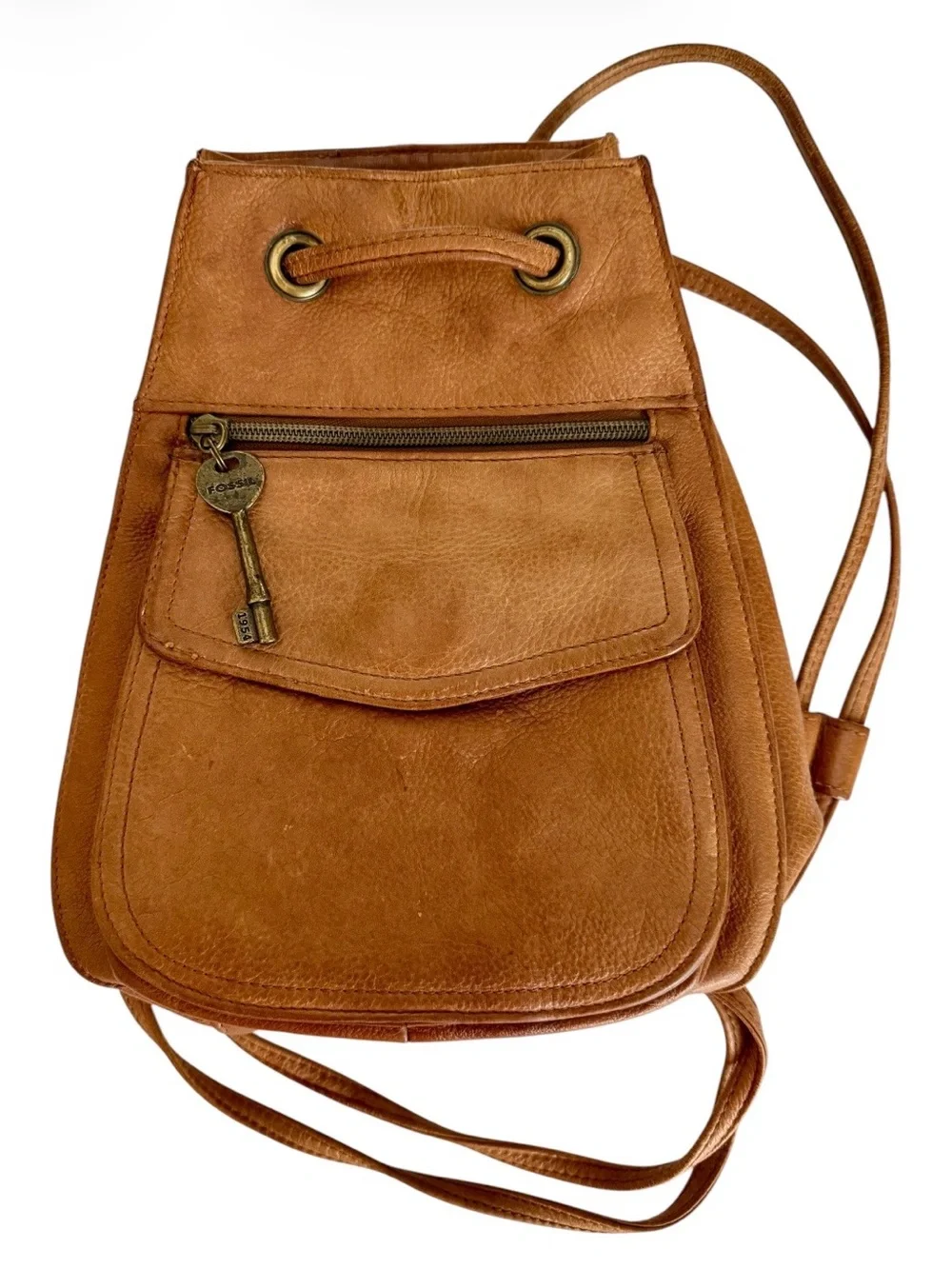 Fossil Vintage Cognac Leather Drawstring Bucket Backpack Purse Bag Key Zipper